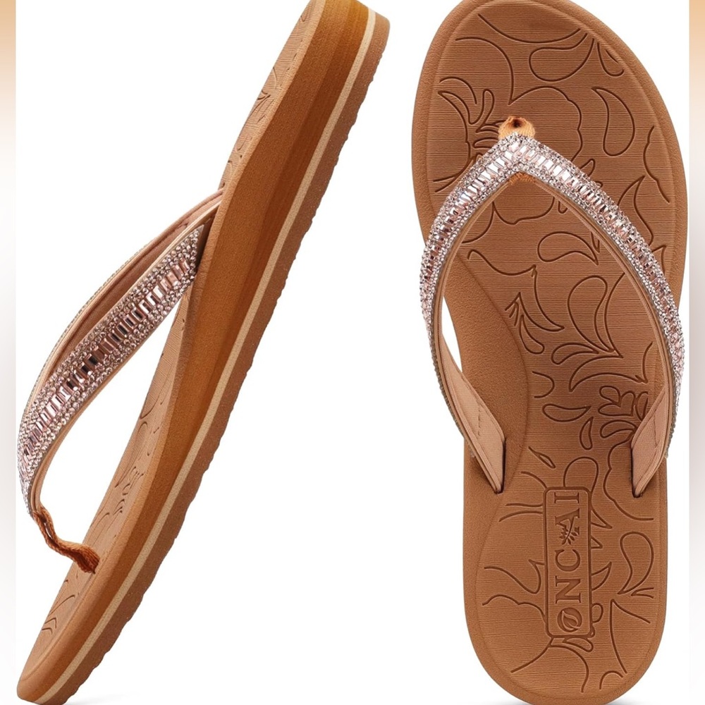 Women’s Embellished Tan Flip-Flop Sandals - Sparkling Strap